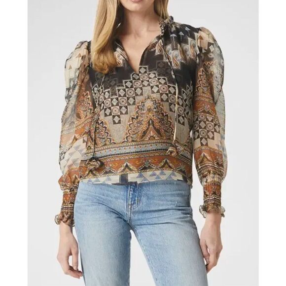 NWT Misa Los Angeles Geometric Print Sheer Peasant Siena Blouse Blue Tan Medium - Picture 1 of 8